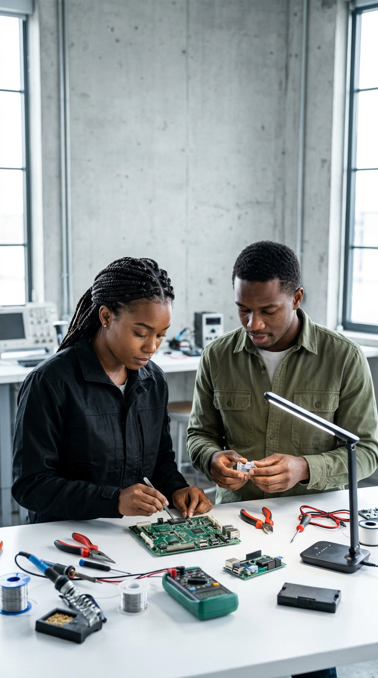 Illustrative scene of Black product developers building an electronics prototype.