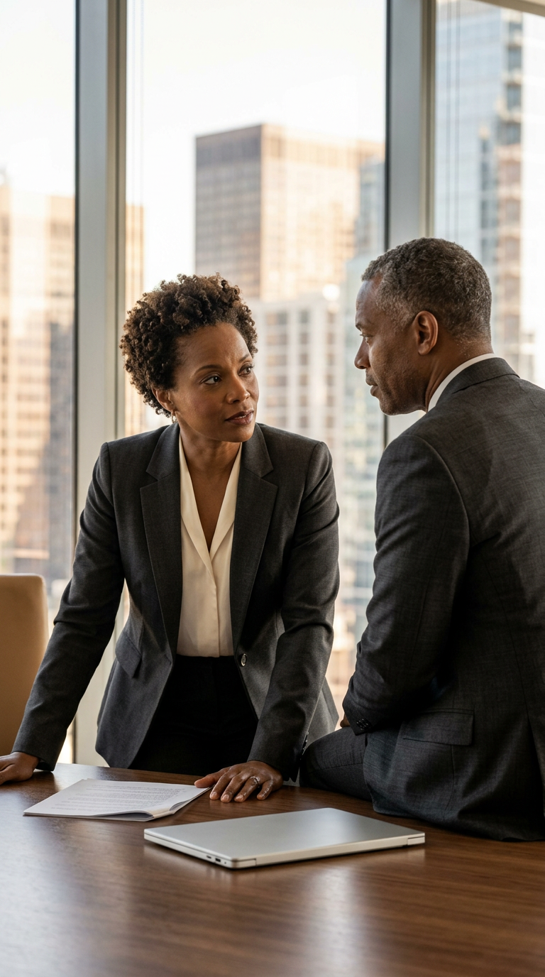 Illustrative scene of two Black C-suite executives discussing strategy in a contemporary boardroom.
