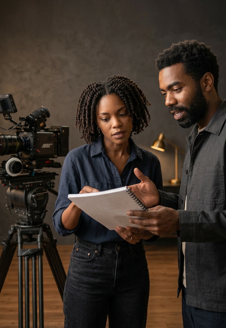 Illustrative scene of Black storytellers collaborating on a screenplay in a refined production studio.